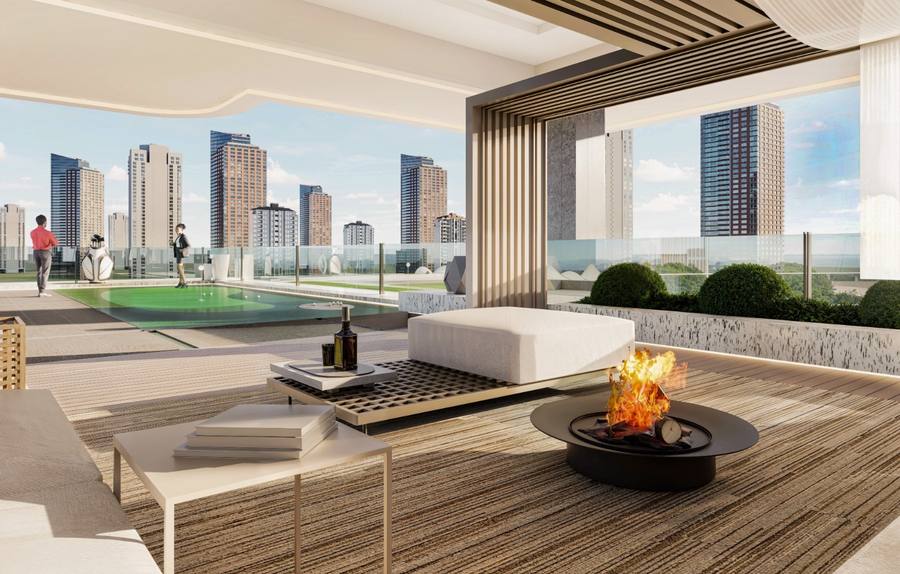 Bright modern apartment living area opening to a terrace